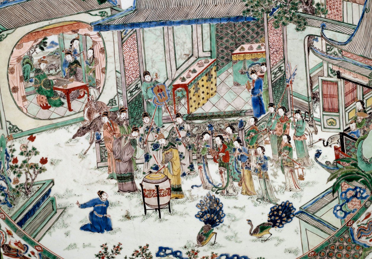 Kinesisk kunst: tradisjonell fest med konsert. Maling på porselen. 18. århundre. Paris, Guimet-museet, Nasjonalmuseet for asiatisk kunst av School Chinese