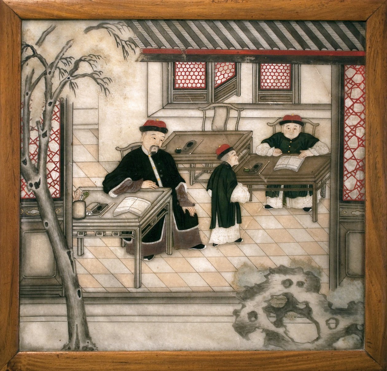 Dekorativ marmorplate som representerer bokstaver i skapet deres. Malt marmor, Qing-dynastiet (1644-1911), kinesisk kunst. Musee d