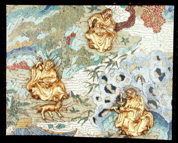 Detalj fra et par plaketter som viser buddhistiske figurer i et landskap, Qianlong-periode av School Chinese