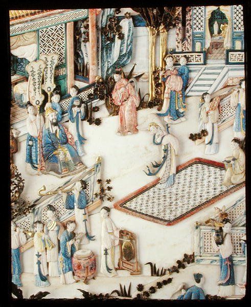 Detalj fra et panel som viser en dignitær som ser på en kvinnelig danser, Qianlong-perioden av School Chinese