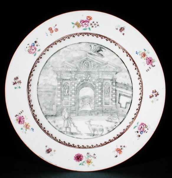 Middagstallerken dekorert en grisaille med Rose Famille-emaljer som viser Jacob Bobart (1599-1680) med en geit og en hund, Qianlong-periode (1736-95) (porselen) av School Chinese