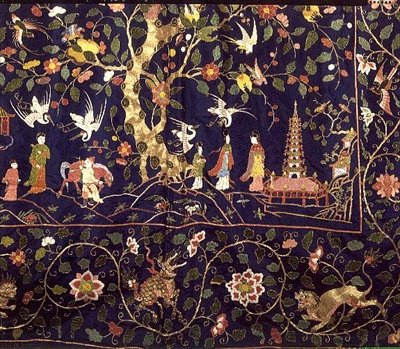 Broderte oppheng fra State Bed i Calke Abbey, tidlig på 1700-tallet (detalj) (broderi av farget silke og gulltråd) av School Chinese