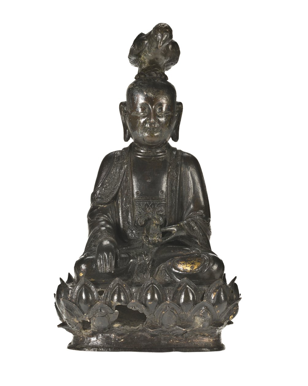 Figur av Guanyin, den kinesiske barmhjertighetsgudinnen sittende på en lotusdesignbase med en ravn på hodet og en kanin hvilende i venstre hånd av School Chinese