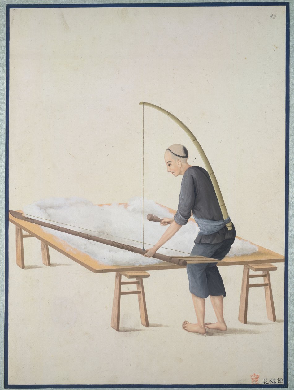 Fluffing bomull, for dyner, ca. 1800 (akvarell på papir) av School Chinese