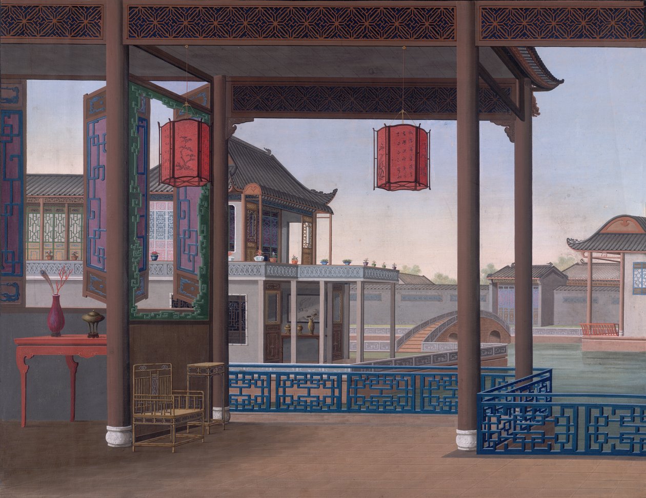 House of a Chinese Official, ca. 1800-05 (ugjennomsiktig akvarell på papir) av School Chinese