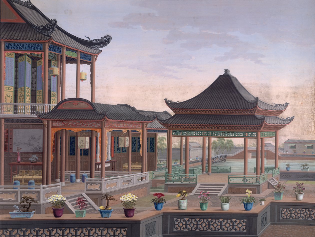 House of a Chinese Official, ca. 1800-05 (ugjennomsiktig akvarell på papir) av School Chinese