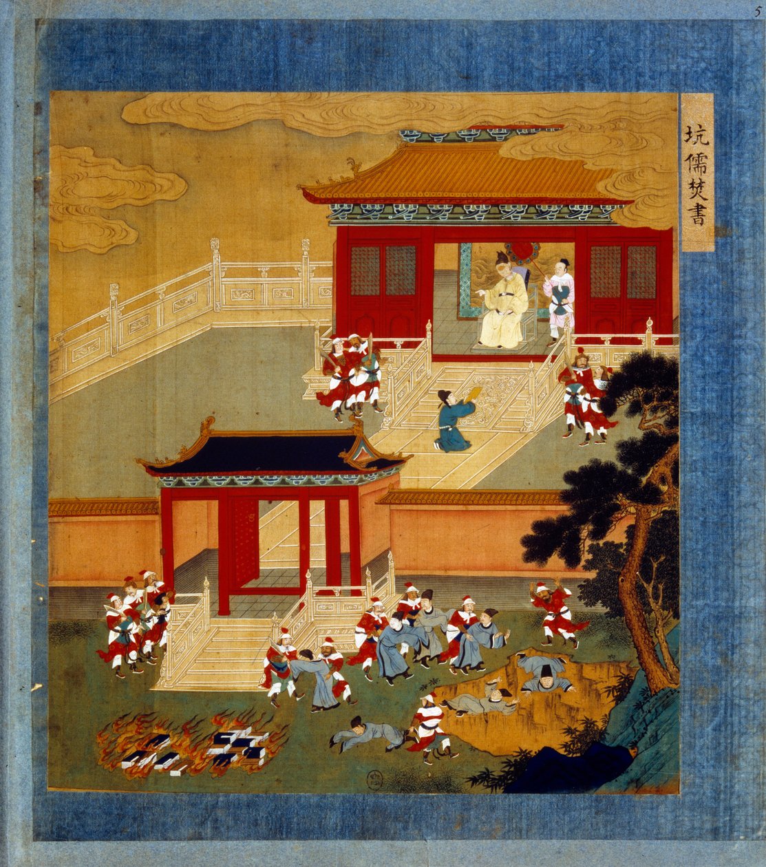 Huang Ti (Huang-Ti di også Qin Shi Huangdi), grunnlegger av Qin-dynastiet (-260 til -210) brente alle kinesiske bøker (autodafe) og satte litterære mennesker ned i en grop. Chi-Hoang er byggherren av den store muren som skiller Kina fra Tartaria. Miniatyr  av School Chinese
