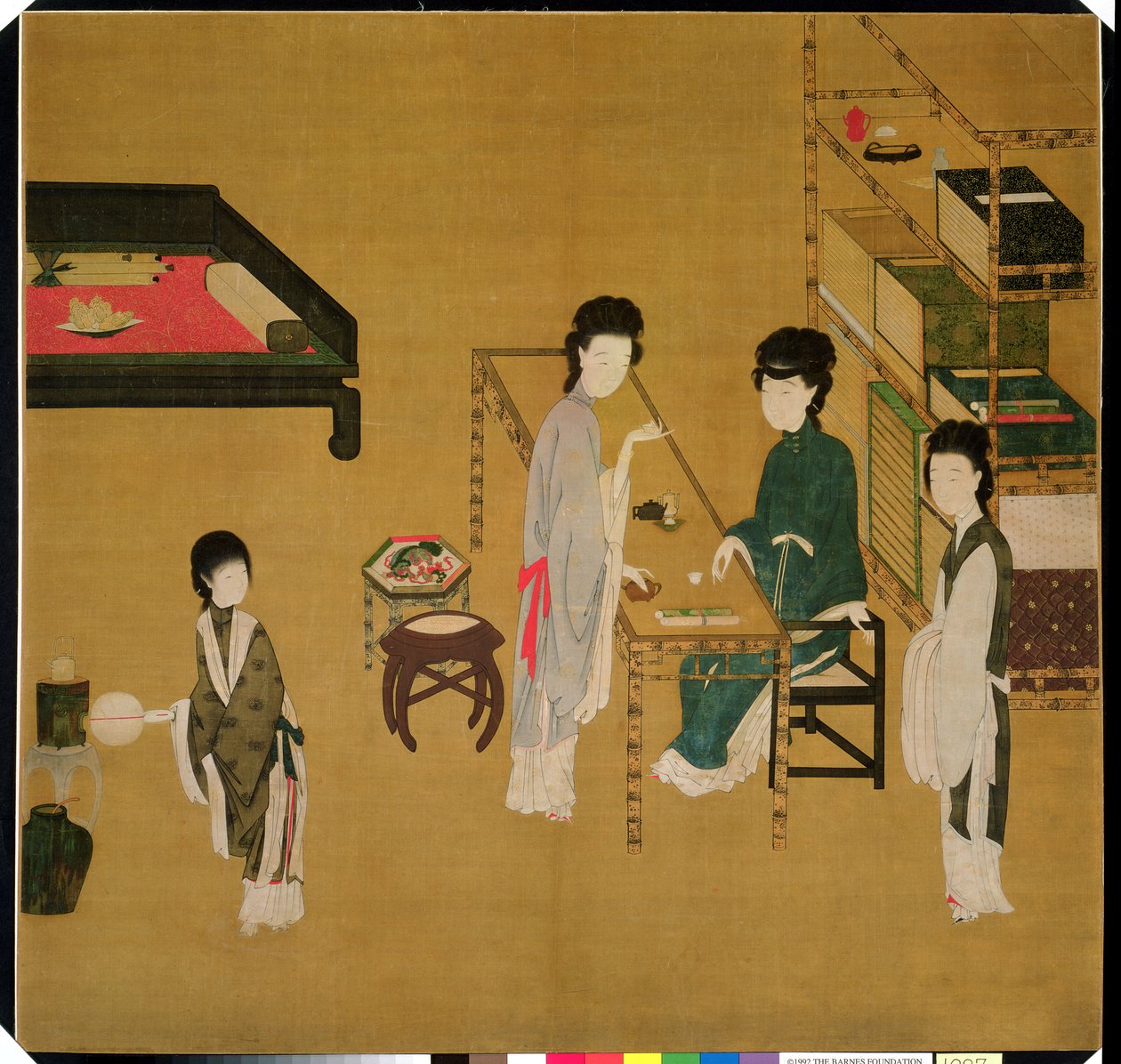 Interiørscene, sent på 1700- eller 1800-tallet (kinesisk svart blekk og sterkt påførte pigmenter på silke) av School Chinese