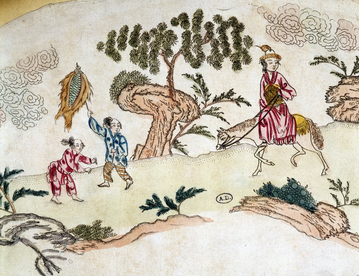 Edel kvinne på hesteryggen og barn som leker drage - kinesisk trykk, ca 1800 av School Chinese