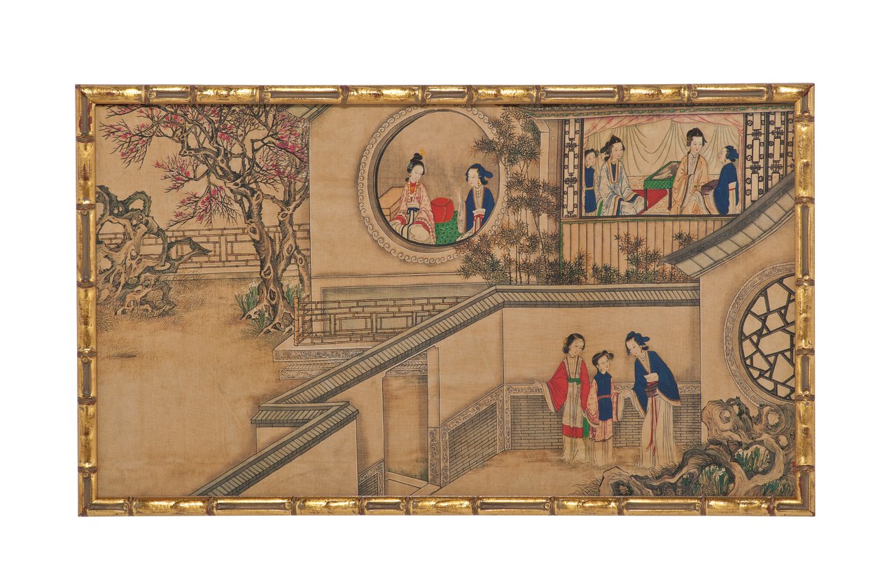 En av 24 scener fra Dream of the Red Chamber (blekk og farger på silke i imitert bambus forgylt tre) av School Chinese