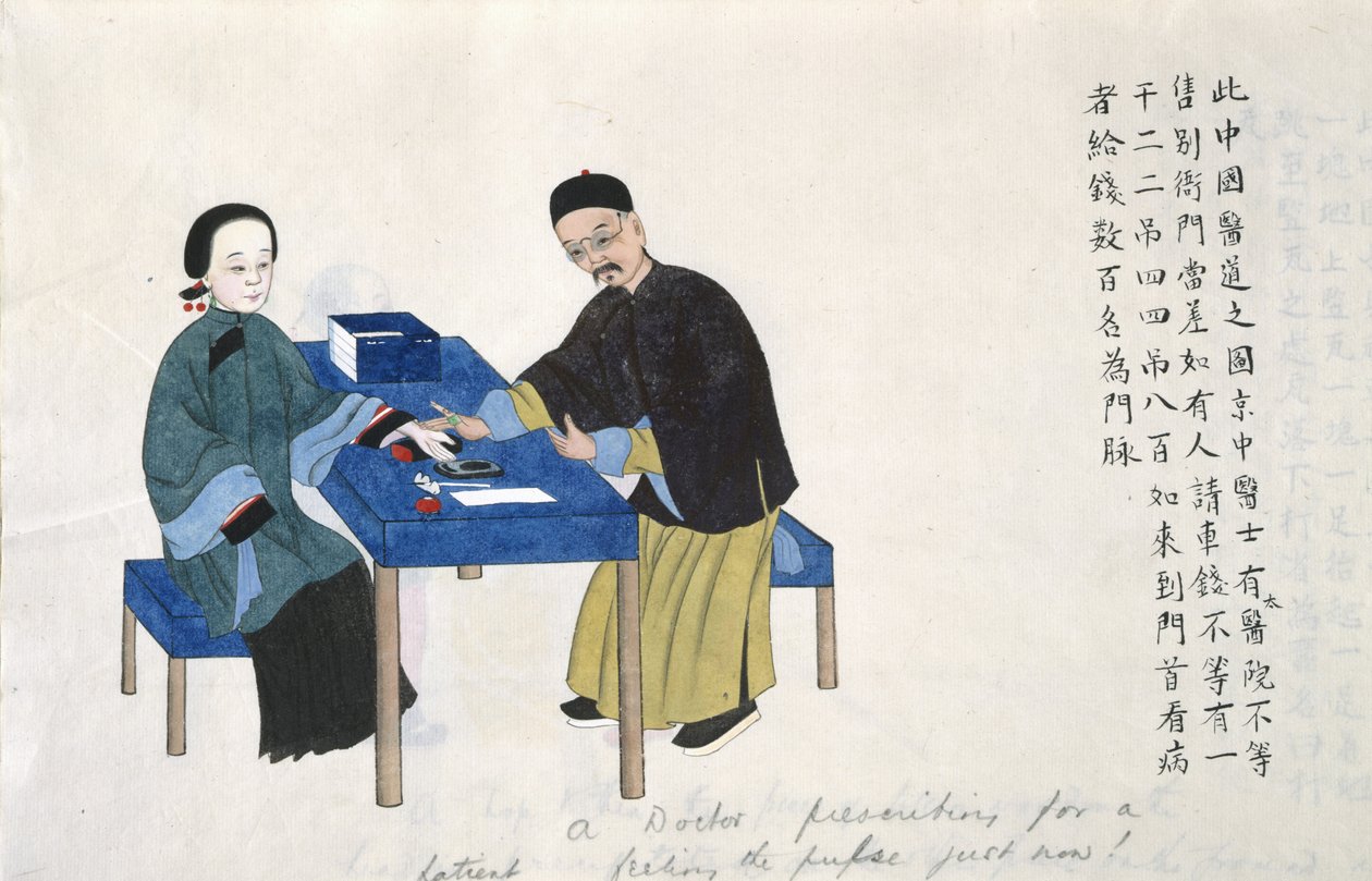 Eller 11539 fol.89v Tar en puls, fra et album med scener fra livet i Kina (akvarell på papir) av School Chinese