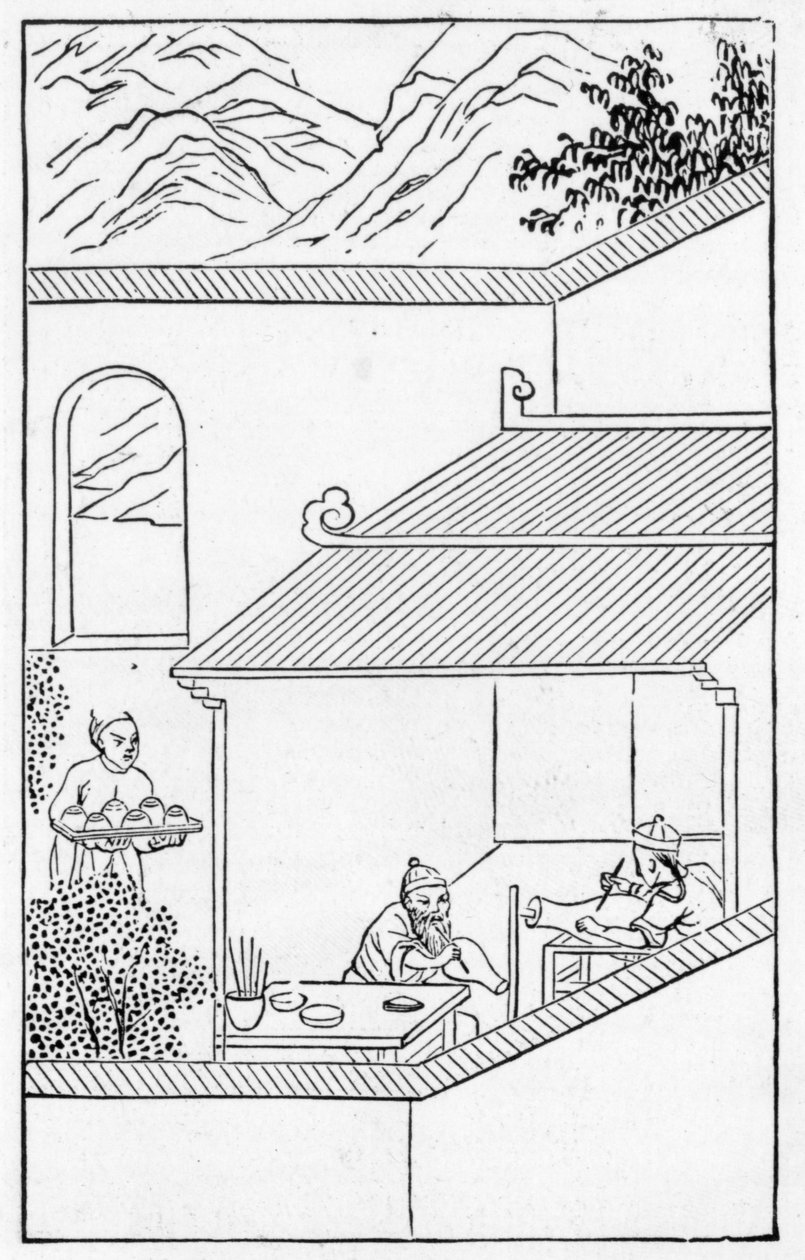 Maling av blå blomster på vaser, fra en serie illustrasjoner om fremstilling av porselen (litho) (se 384116 og 384117 for hele serien) av School Chinese