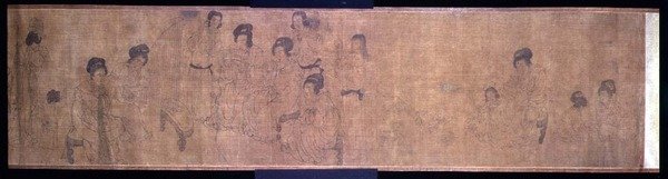 Palace Ladies at Leisure Handscroll, detalj av damer som lager musikk, etter en original av Wen-chu Chou (fl.970) Southern Sung-perioden, ca. 1140 (blekk og pigment på silke) (se også 114251) av School Chinese