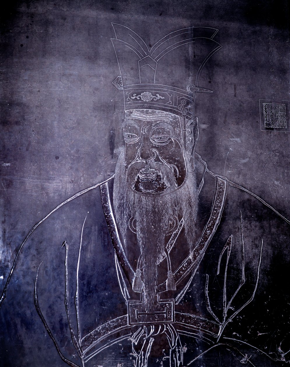 Portrett av den kinesiske filosofien Confucius (551-479 f.Kr.), Gravstein, Shanghai Museum av School Chinese