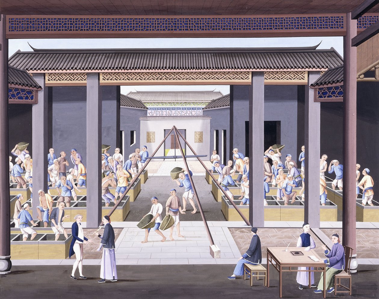 Pounding the Tea, ca. 1800 (gouache-tegninger på tungt innfødt papir) av School Chinese