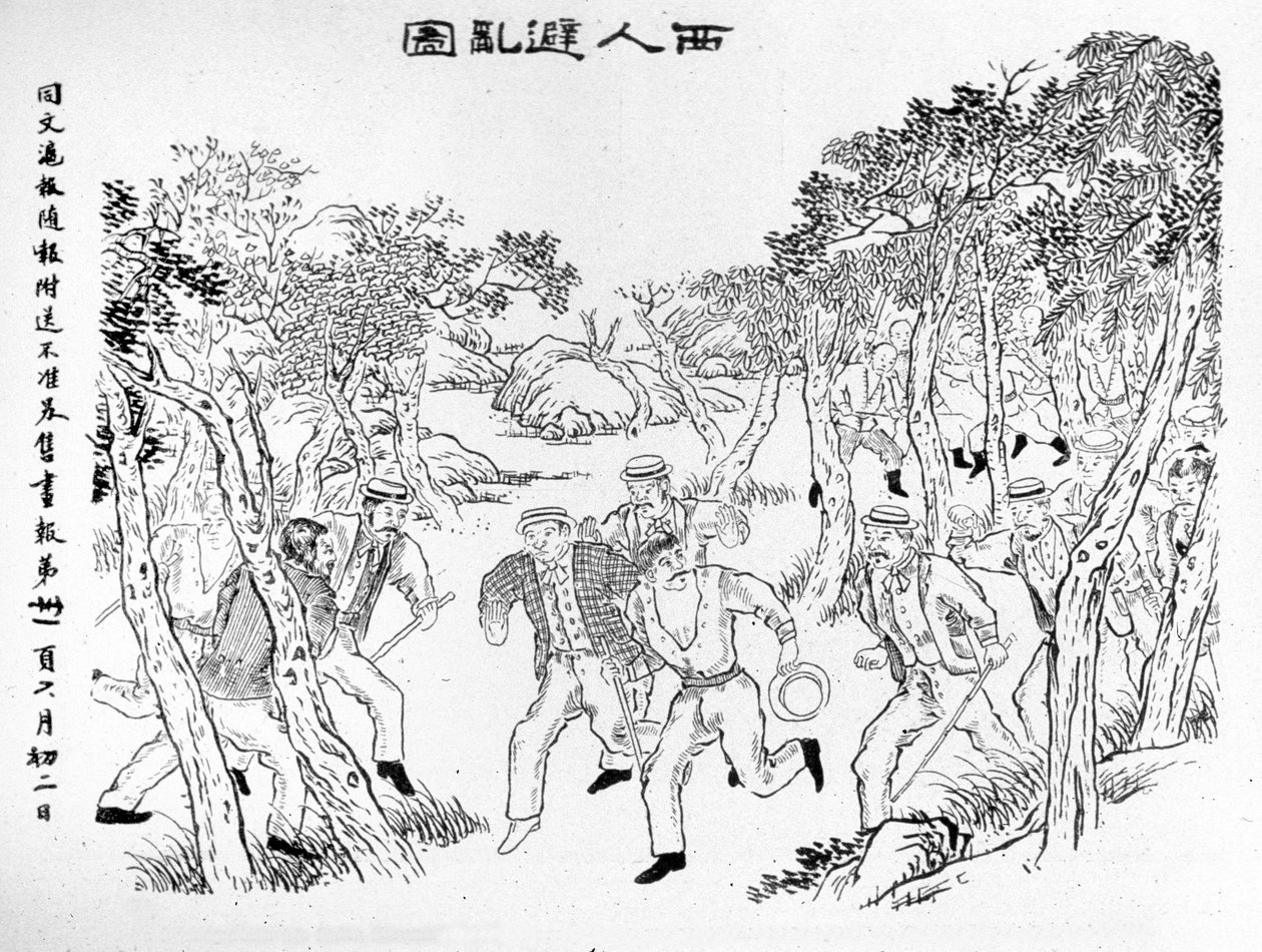 Boxer Rebellion: Europeere som kjemper mot bokserne. Illustrasjon publisert på Shanghai Journal Toung-Ouen-Hou-Pao.1899 ca. av School Chinese