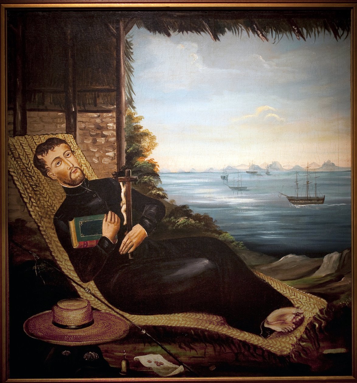 Saint Francois Xavier hviler foran bukten i Hongkong (Kina). Maleri av verkstedet i Hong Kong, olje på lerret, ca 1850. Port Louis Museum. av School Chinese
