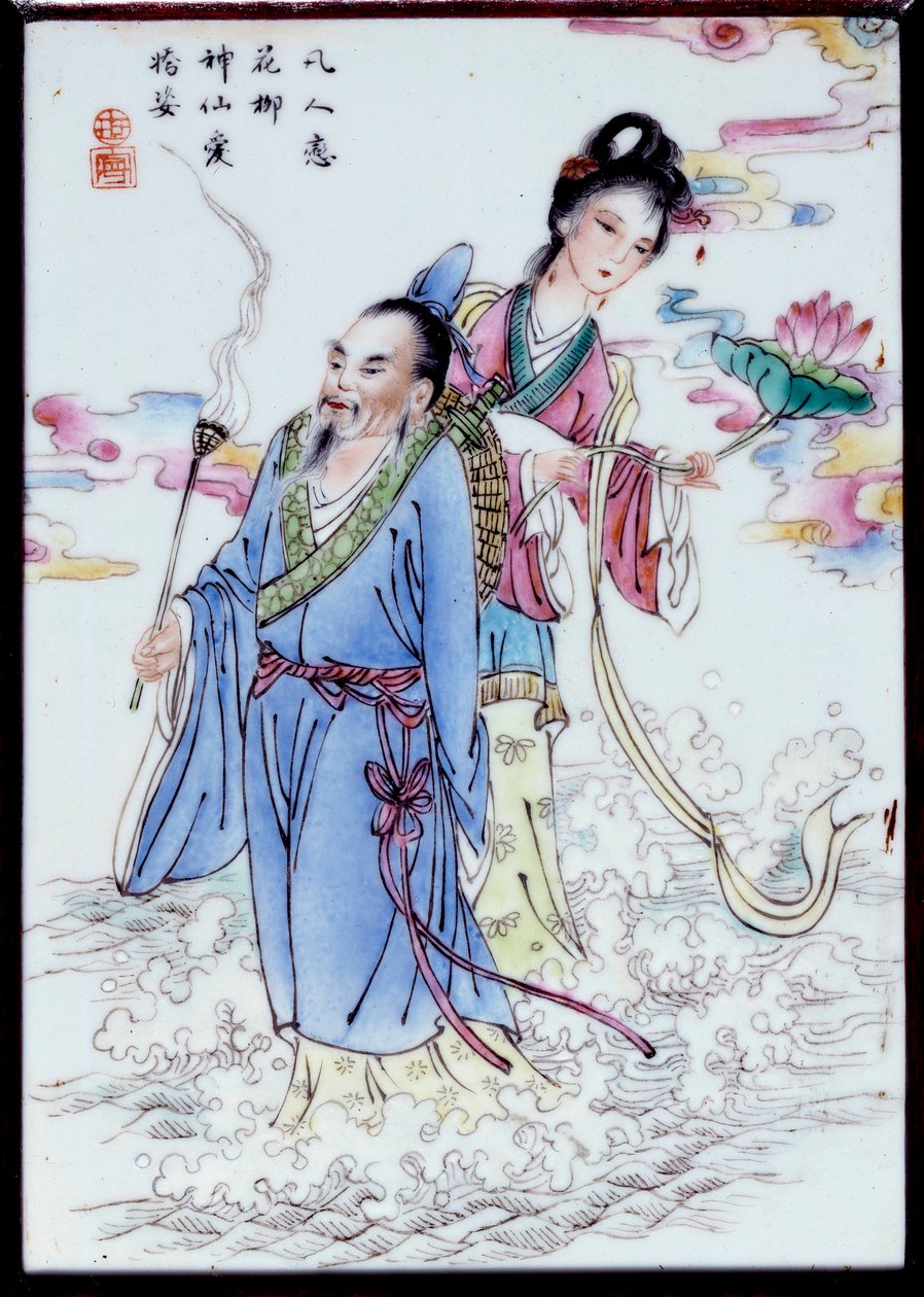 Summer Allegory En kvinne som holder en liljeblomst og en mann som holder en røkelsesring går gjennom sprayen. Maleri på anonymt porselen. Privat samling fra 1700-tallet av School Chinese