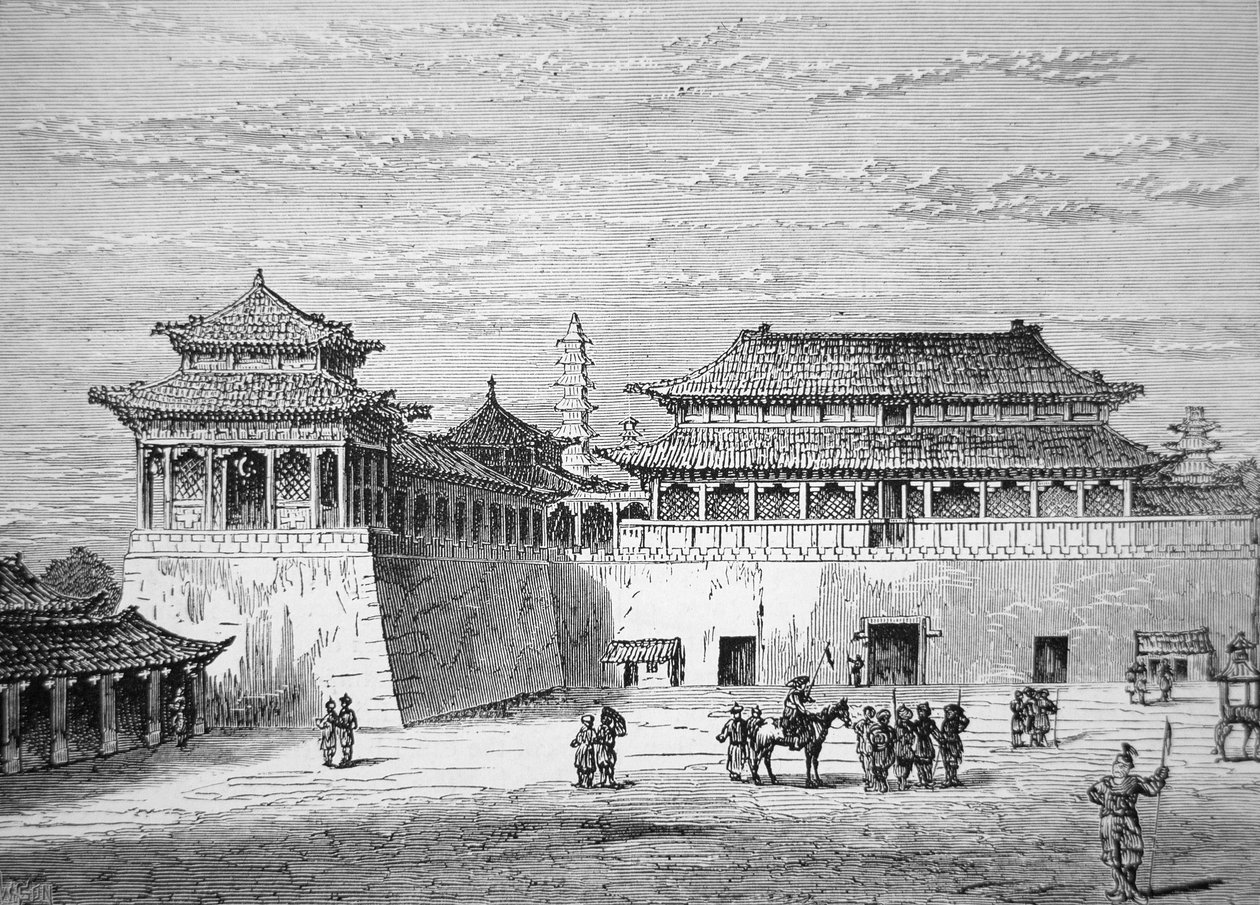 Keiseren av Kinas palass, den forbudte by, Pekin på 1800-tallet (litho) av School Chinese