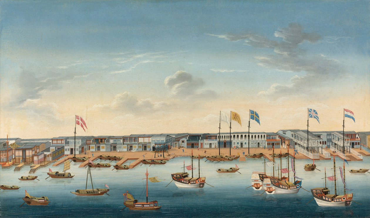 The Hongs at Canton, ca. 1780 (olje på lerret) av School Chinese
