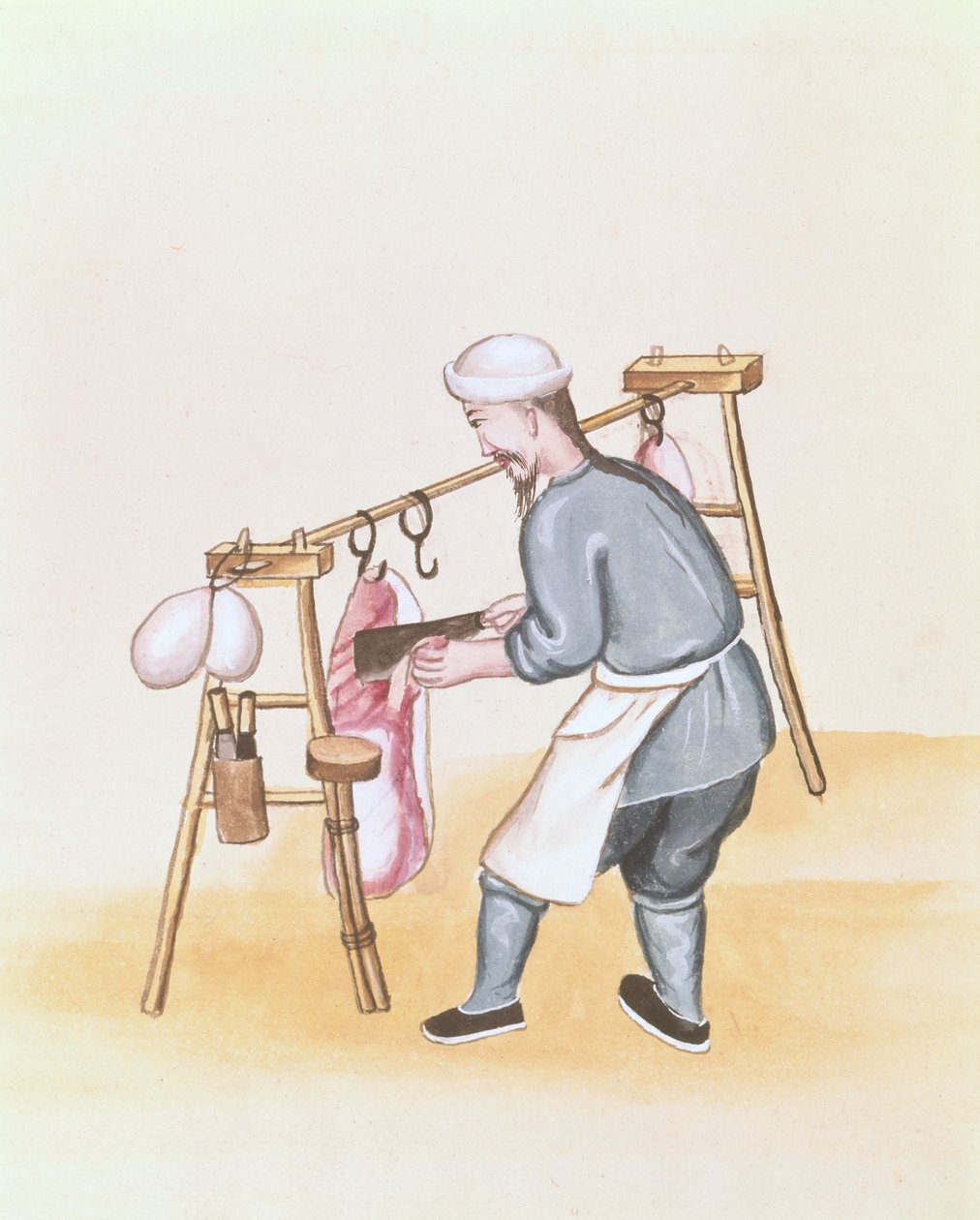 Kjøttselgeren, fra en bok om gaten i Peking, ca. 1785 (akvarell og gouache på papir) av School Chinese