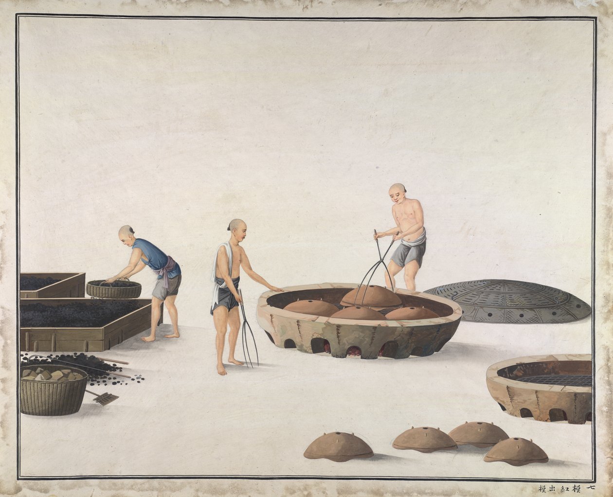 'Når formen blir rød, ta den av', produserer støpejern i Kina, ca. 1820 (akvarell på papir) av School Chinese