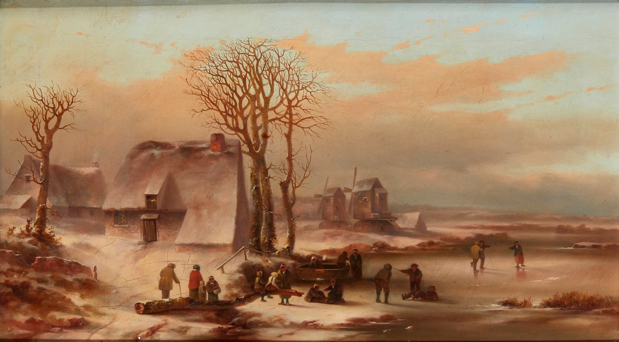 Et vinterlandskap med figurer på en frossen innsjø (olje på lerret) av School Dutch