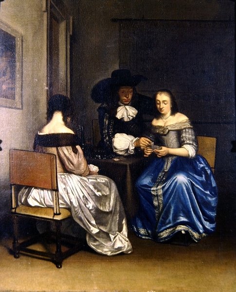 Interiørscene med kortspillere (olje på lerret) av School Dutch