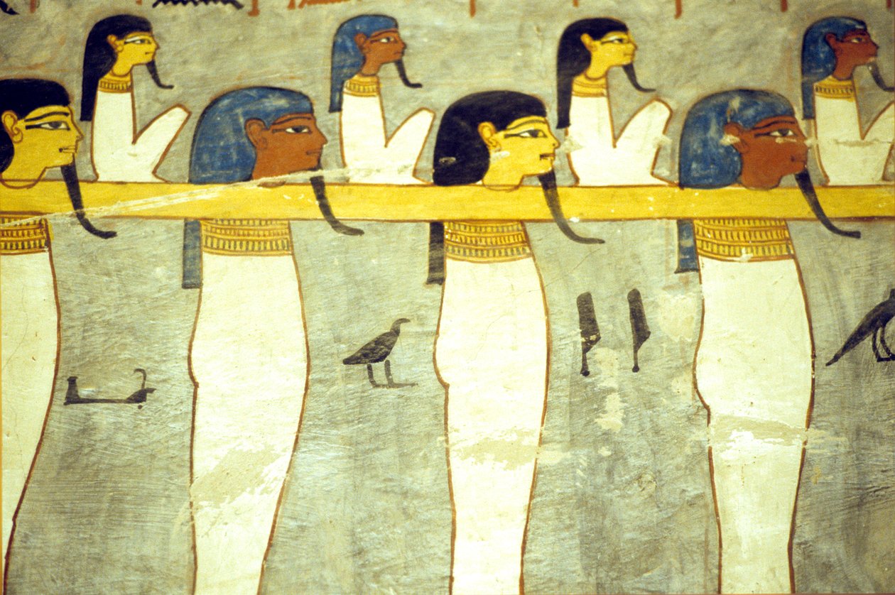 Det gamle Egypt, maleri, underverdenens guder bundet til Hathor, guddommelig ku, sleper solbarken, Ramses I#39;s grav, Theben av School Egyptian