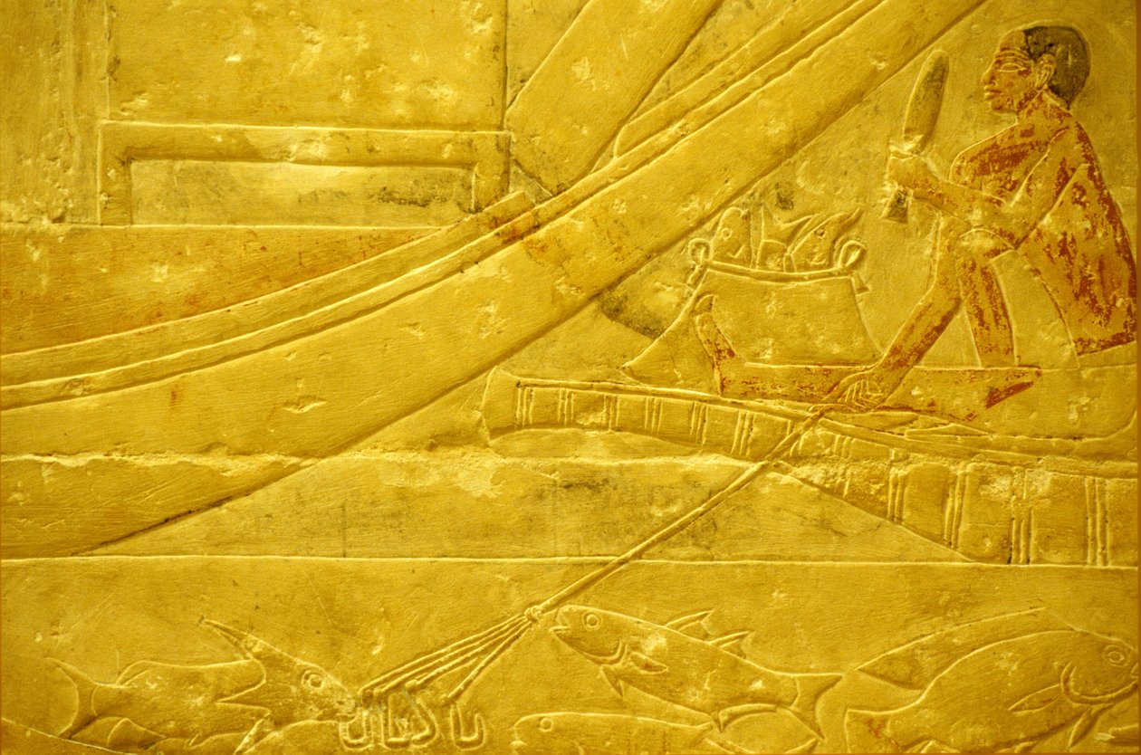 Det gamle Egypt, veggutskjæring/maleri, Mastaba/Idouts grav, Saqqara, 2323-2150 f.Kr., En fisker som fjærer fisk og holder et firetappet spyd (bilde) av School Egyptian