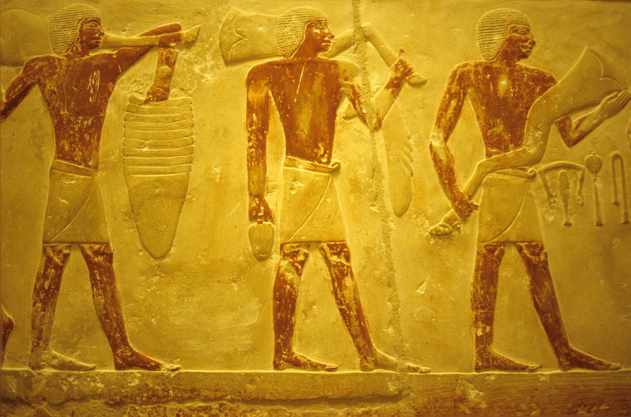Det gamle Egypt, veggutskjæring/maleri, Mastaba/Idouts grav, Saqqara, 2323-2150 f.Kr., bærere med tilbud (bilde) av School Egyptian