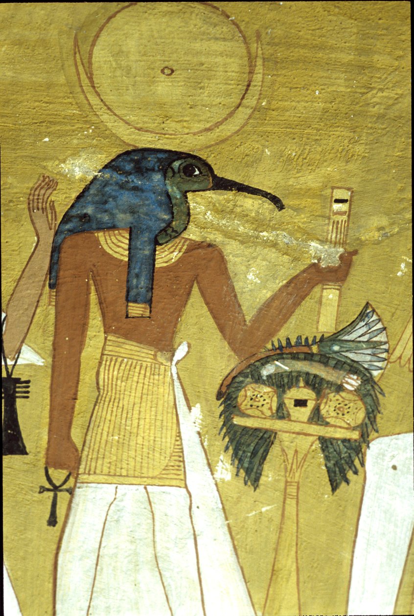 Det gamle Egypt, veggmaleri Inherkhaus grav, Theben, Gud Thoth introduserer den avdøde til Osiris, 20. dynasti, Ibis ledet Gud med måneskive (bilde) av School Egyptian