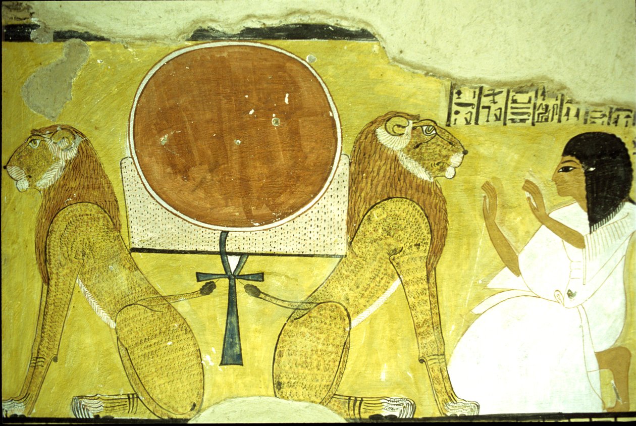 Det gamle Egypt, veggmaleri Inherkhaus grav, Theben, Inherkhau som tilber to løver, voktere av i dag og i morgen, 20. dynasti (bilde) av School Egyptian