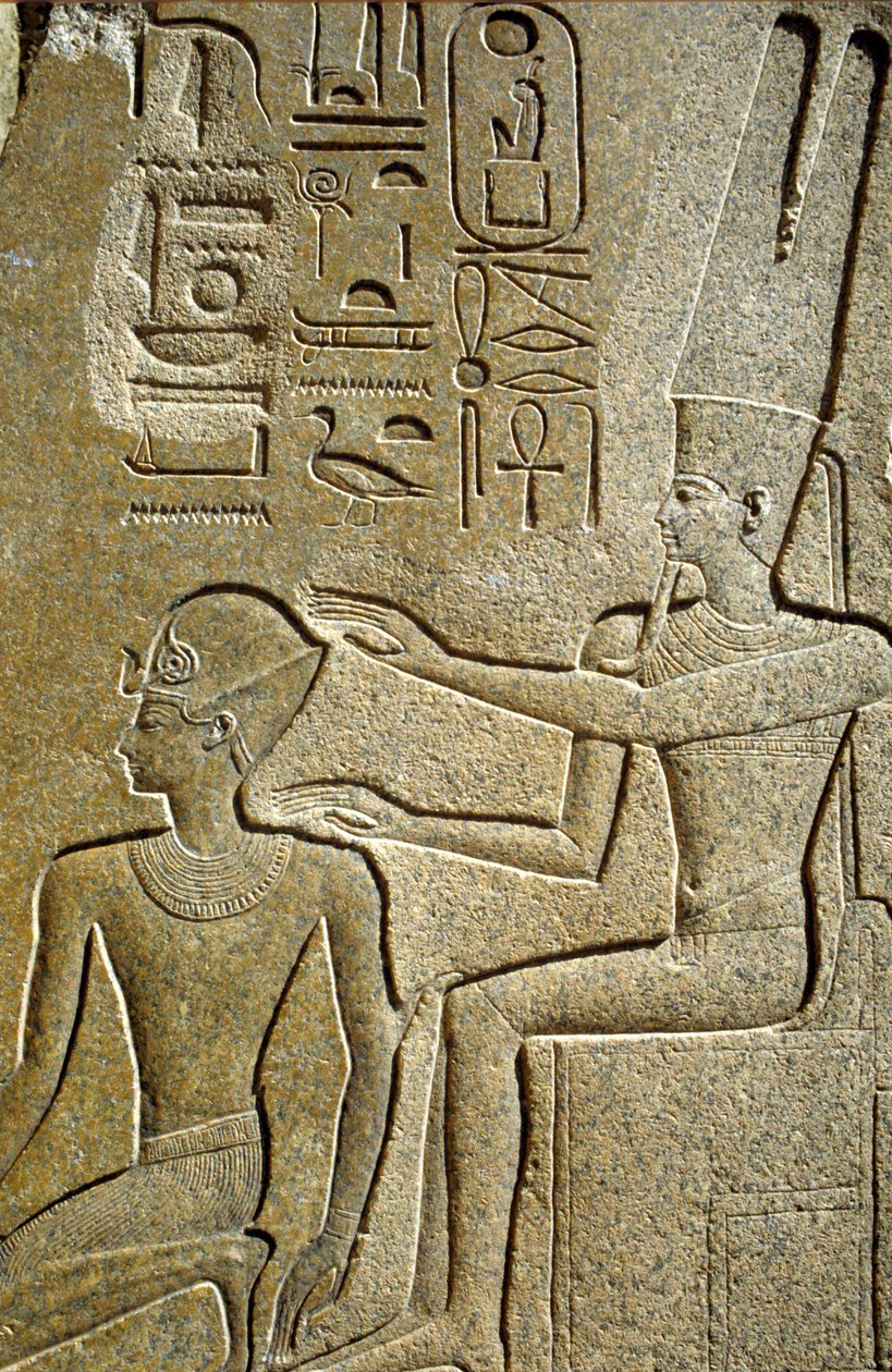 Det gamle Egypt, veggmaleri/utskjæring, Hatshepsut blir velsignet av Amon Ra, Karnak Temple, Luxor av School Egyptian