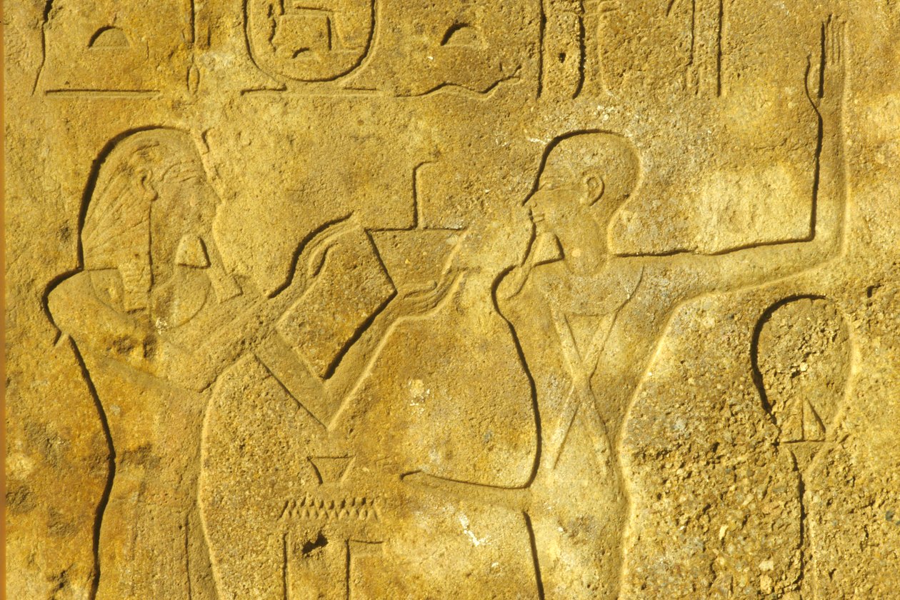 Det gamle Egypt, veggmaleri/utskjæring, Karnak/Luxor-tempelet, Hatshepsut tilbyr røkelse til Gud Min av School Egyptian