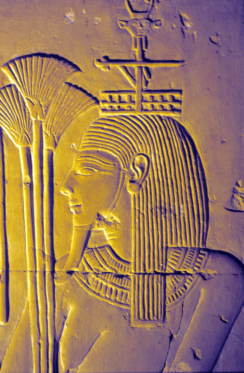Det gamle Egypt, veggmaleri/utskjæring, Nilens Gud bringer lotusblomster, Temple for Seti I, Abydos av School Egyptian