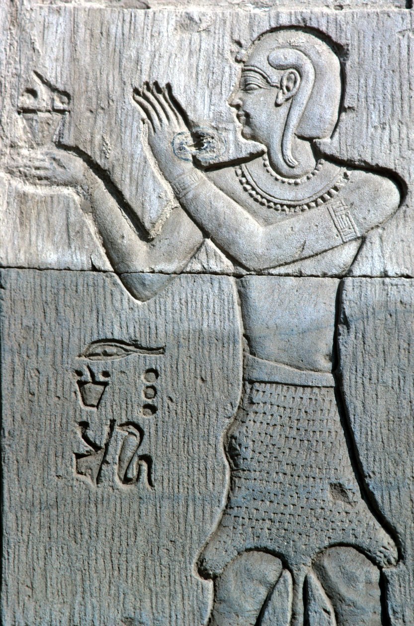 Det gamle Egypt, veggmaleri/utskjæring, prest iført leopardskinn, som tilbyr røkelse, tempelet til Sebek og Horus Kom Ombo (bilde) av School Egyptian
