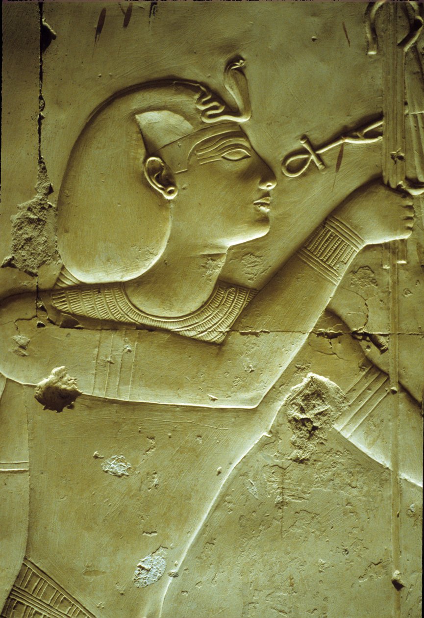 Det gamle Egypt, veggmaleri/utskjæring, Seti I som mottar liv, symbolisert ved ankhen, Seti I-tempelet, Abydos av School Egyptian