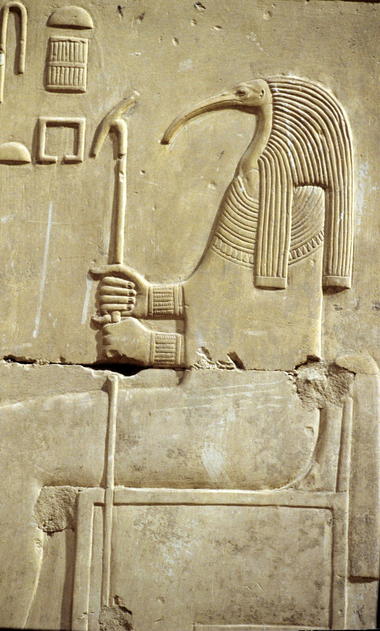 Det gamle Egypt, veggmaleri/utskjæring, The God Thoth, Temple of Seti I, Abydos av School Egyptian