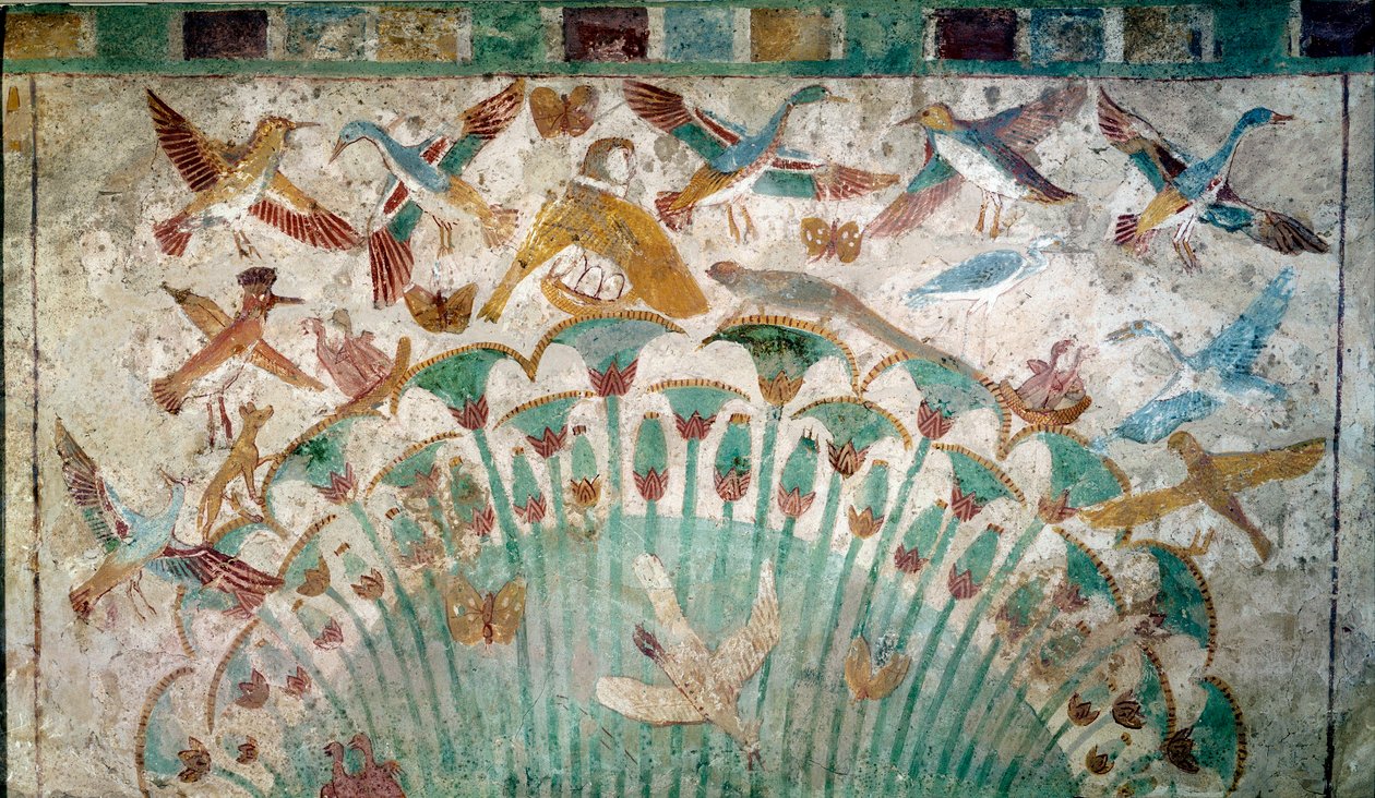 Antikkens Egypt: dyr i en papyrus stud, kalksteinsfragment fra graven til Neferhotep, ca. 1400 f.Kr. 18. dynasti, Dimensjon 43x74 cm Paris, Louvre museum - Egyptisk antikk: dyr i et papyruskratt, Kalksteinsfragment fra graven til Neferhotep av School Egyptian