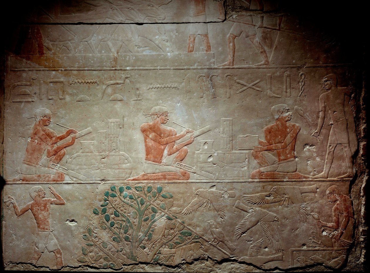 Det gamle Egypt: kalksteinrelieff som viser skriftlærde fra kapellet i Mastaba i Akhethetep, rundt 2300 f.Kr. 5. dynasti. Gammelt imperium. Fra Saqqara (Sakkara). Paris, Louvre-museet av School Egyptian