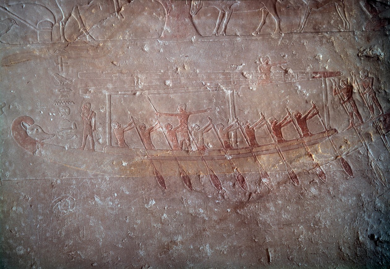 Det gamle Egypt: kalksteinrelieff som representerer en kano fra kapellet i Mastaba i Akhethetep, rundt 2300 f.Kr. 5. dynasti. Gammelt imperium. Fra Saqqara (Sakkara). Paris, Louvre-museet av School Egyptian