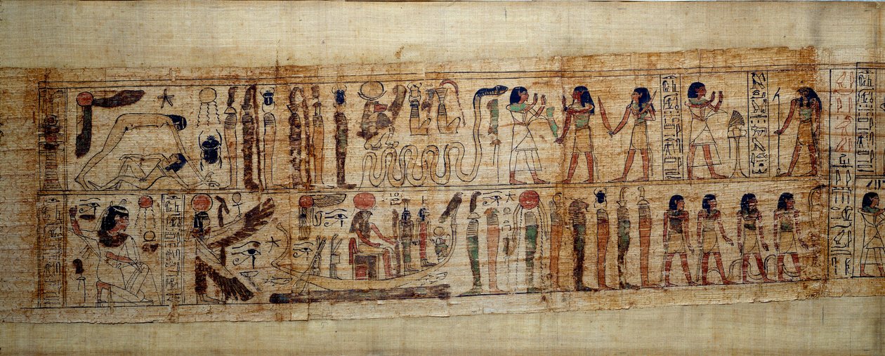Gammel egyptisk kunst Mytologisk Papyrus av Serimen. På toppen: under skapelsen av verden er guden Geb (Jorden) skilt fra gudinnen Nout (himmelen); guder og genier fra videre. Nedenfor: Serimen hyller solen som flommer over med sin ra av School Egyptian