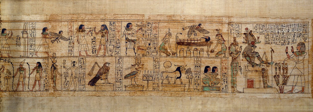 Gammel egyptisk kunst Mytologisk Papyrus av Serimen. Øverst: Serimen elsker guden Osiris representert ved sitt emblem i byen Abydos. De dødes sjel i form av en fugl flyr over mumien hans sett av gudinnene Isis (til venstre) og Nephtys (til høyre) av School Egyptian