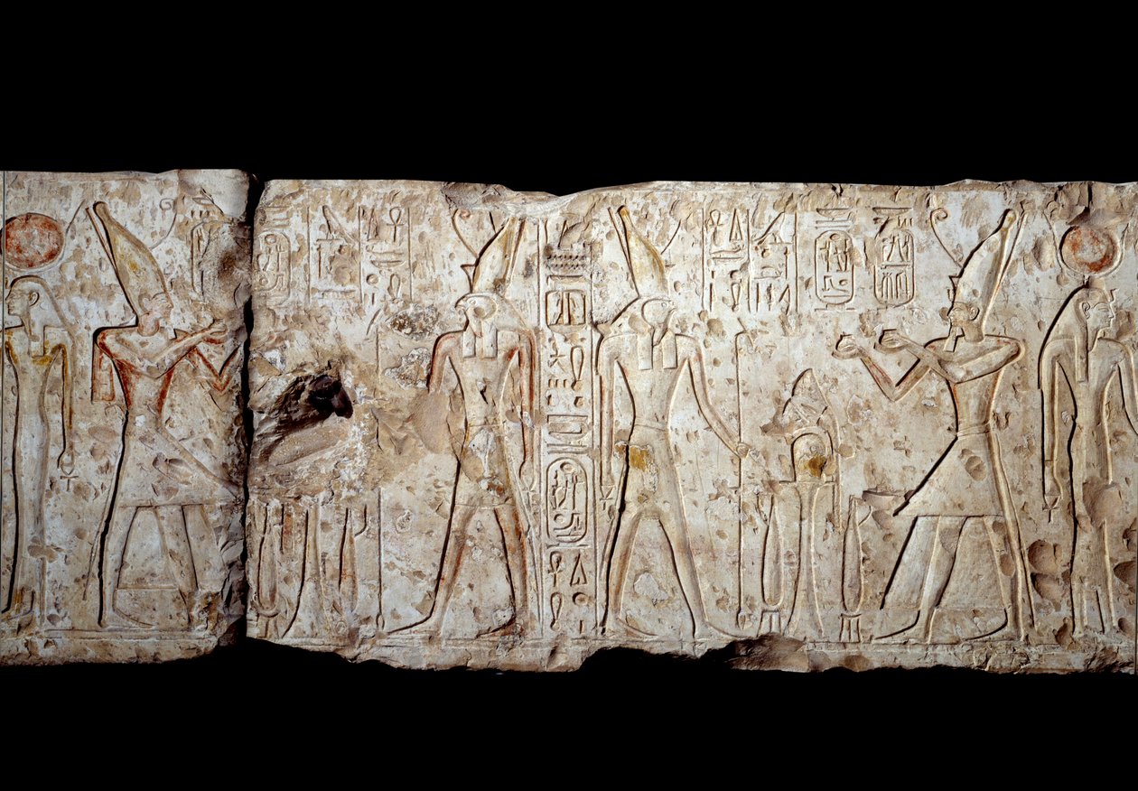 Gammel egyptisk kunst: Ramses II gir tilbud til Osiris. Lavrelieff i kalkstein fra Abydos (1279-1213 f.Kr.) 19. dynasti. Nytt imperium. Paris, Musée du Louvre av School Egyptian