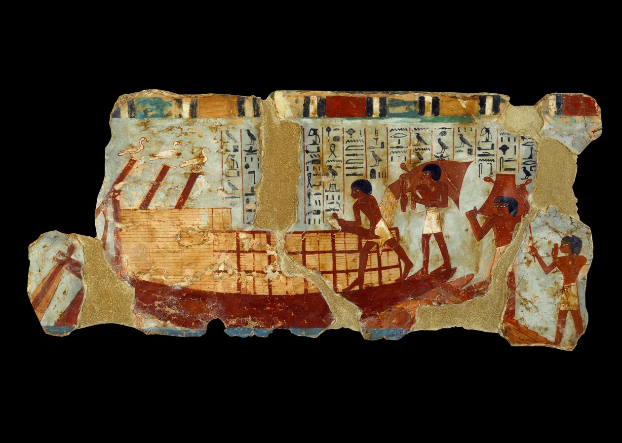 Gammel egyptisk kunst: lasting av korn på et båtmaleri på silt fra graven til Ounou (1450 f.Kr.). av School Egyptian