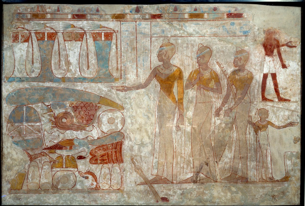 Gammel egyptisk kunst: musikere på en bankett. Maleri på silt (rundt 1400 f.Kr.). av School Egyptian