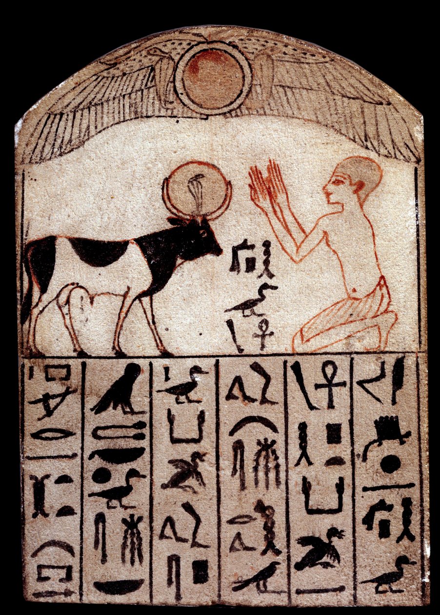 Oldtidskunst: Serapeum stele (malt kalkstein). Tilbedelse av Guds Apis. Malt kalksteinsskulptur, lavperiode (664-332 f.Kr.), Egypt. Paris, Musée du Louvre av School Egyptian