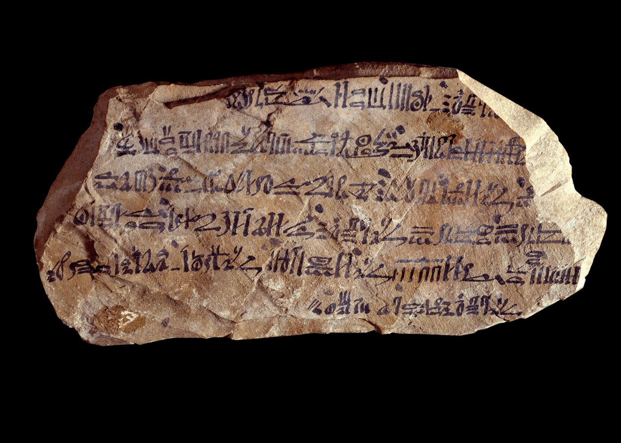 Kunst fra det gamle Egypt: ostrakon (eller ostracon) (flertall: ostraca eller ostraka) hieratisk (keramikkskår som hellige ting er skrevet på). Nytt imperium av Egypt. Paris, Musée du Louvre av School Egyptian