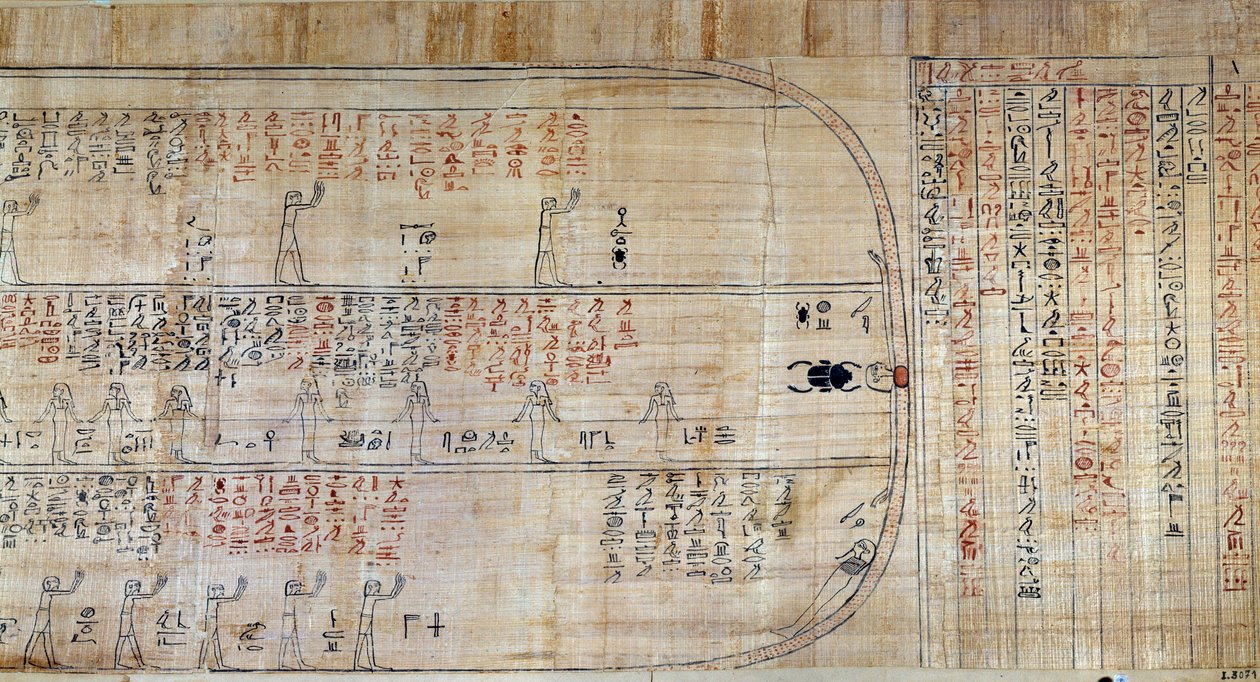 Egyptisk antikk: Papyrus henter fra Book of Secretive Homes. Denne boken er en kommentert fremstilling av solens underjordiske reise i løpet av de tolv timene om natten. Først tegner på veggene til kongelige tomes, det ble deretter transkribert på av School Egyptian